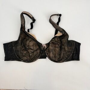 Cacique Black Lace Unlined Full Coverage Underwire Bra 44C Tan Lining Bow Accent